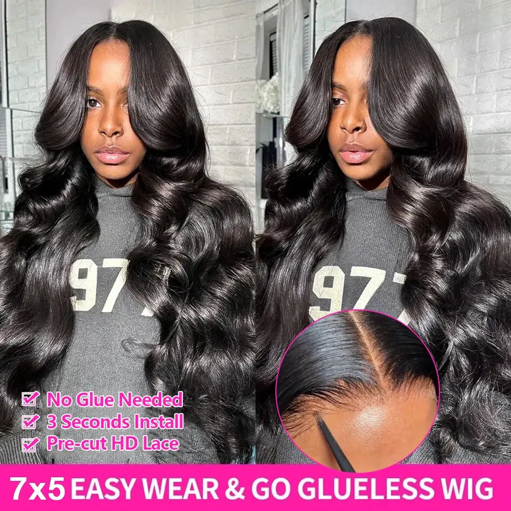 Long black loose-wave lace-front human hair wig, side part, natural hairline