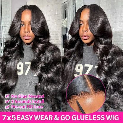 Long black loose-wave lace-front human hair wig, side part, natural hairline