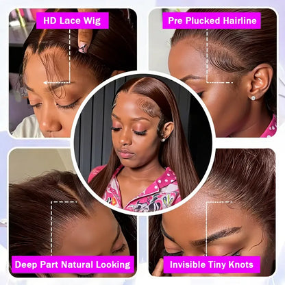 Chocolate brown pre-plucked hairline close-up on wig cap, invisible tiny knots at part