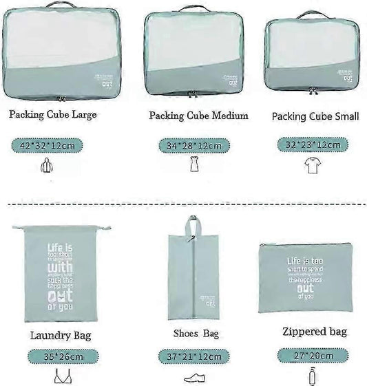 Blue packing cubes large, medium, and small, each with zip closure and mesh window