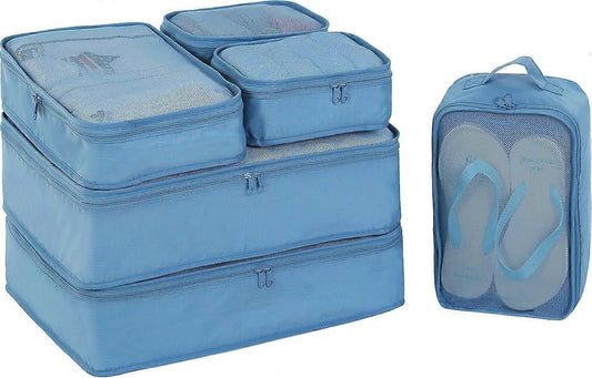 Blue packing cubes set with mesh tops and shoe bag, zippered storage organizers