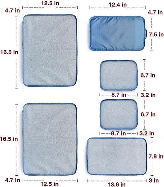 Packing cube sizes diagram showing six blue cubes and a zippered shoe bag