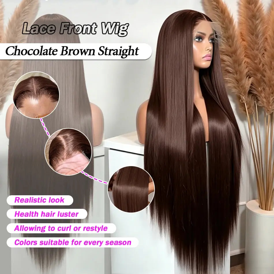 Chocolate brown straight lace front wig on mannequin, long smooth hair with defined hairline