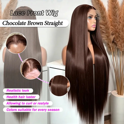 Chocolate brown straight lace front wig on mannequin, long smooth hair with defined hairline