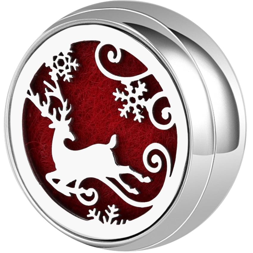 Wearable diffuser locket with dark red felt and white winter deer design, silver ringed casing
