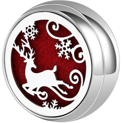 Wearable diffuser locket with dark red felt and white winter deer design, silver ringed casing