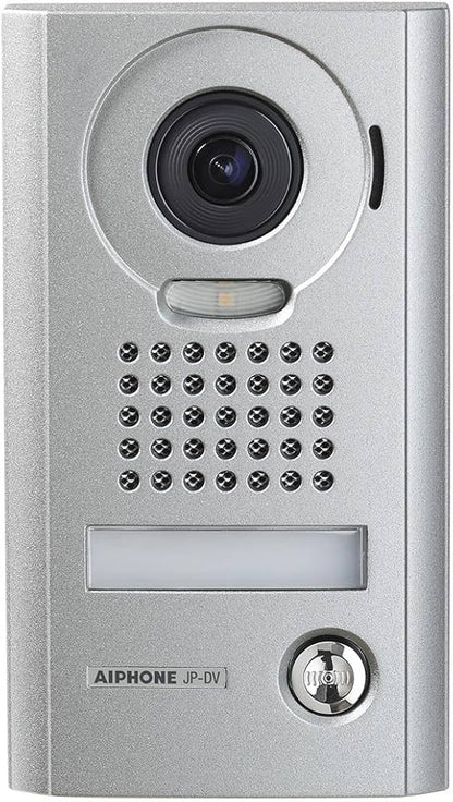 AIPHONE JP Series JP-DV 2-Wire Audio/Video Door Station – 1 Button, 170° Wide Angle, Silver – Commercial & Residential Surface Mount Intercom