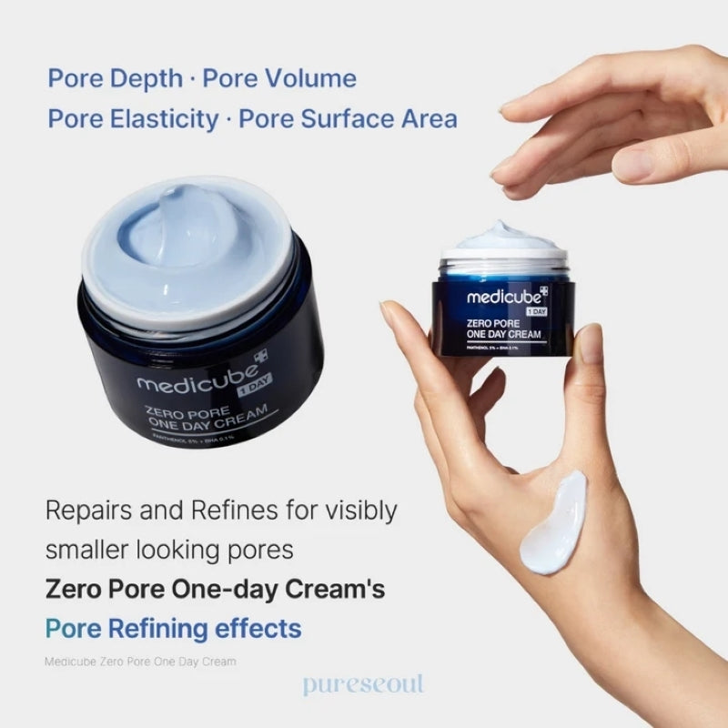 Blue-lidded cream jar shown with white cream scoop and hands applying skincare