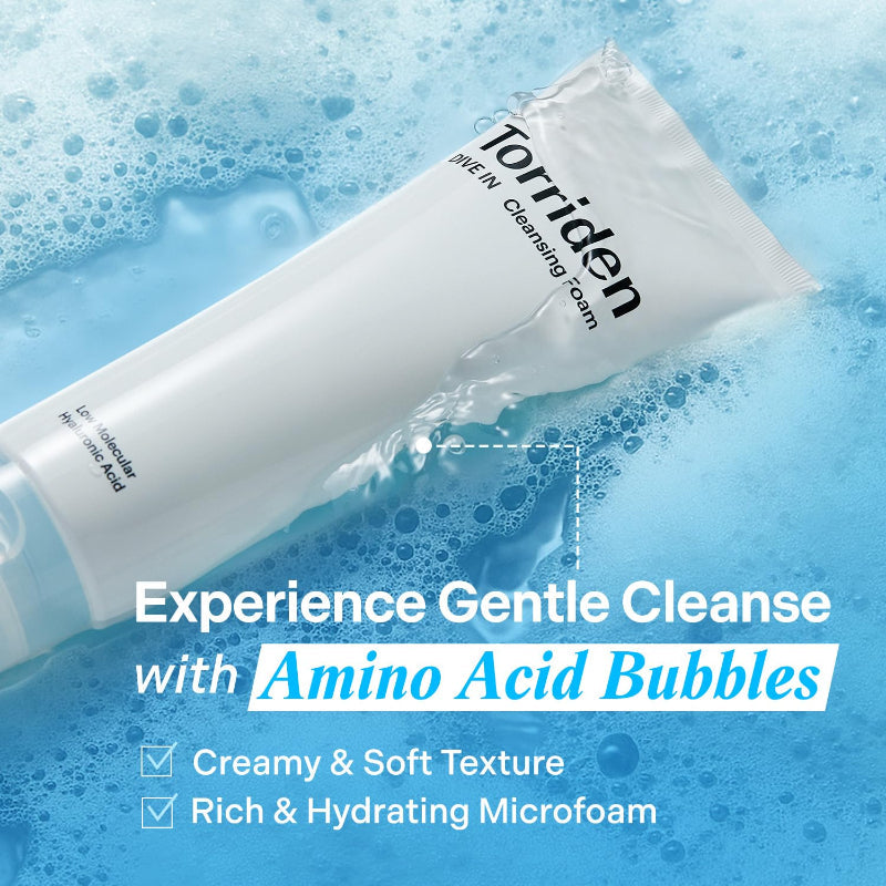 Torriden cleansing foam tube with creamy lather bubbles around it