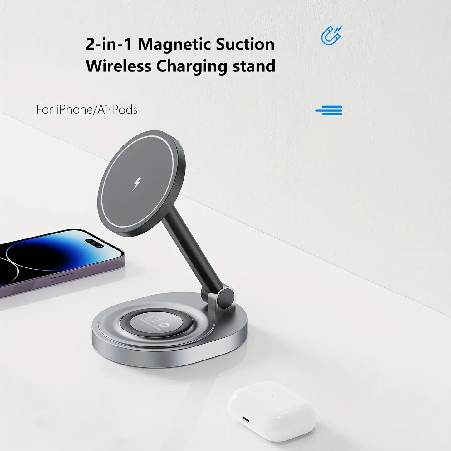 2-in-1 magnetic wireless charger stand with phone and earbuds, gray base