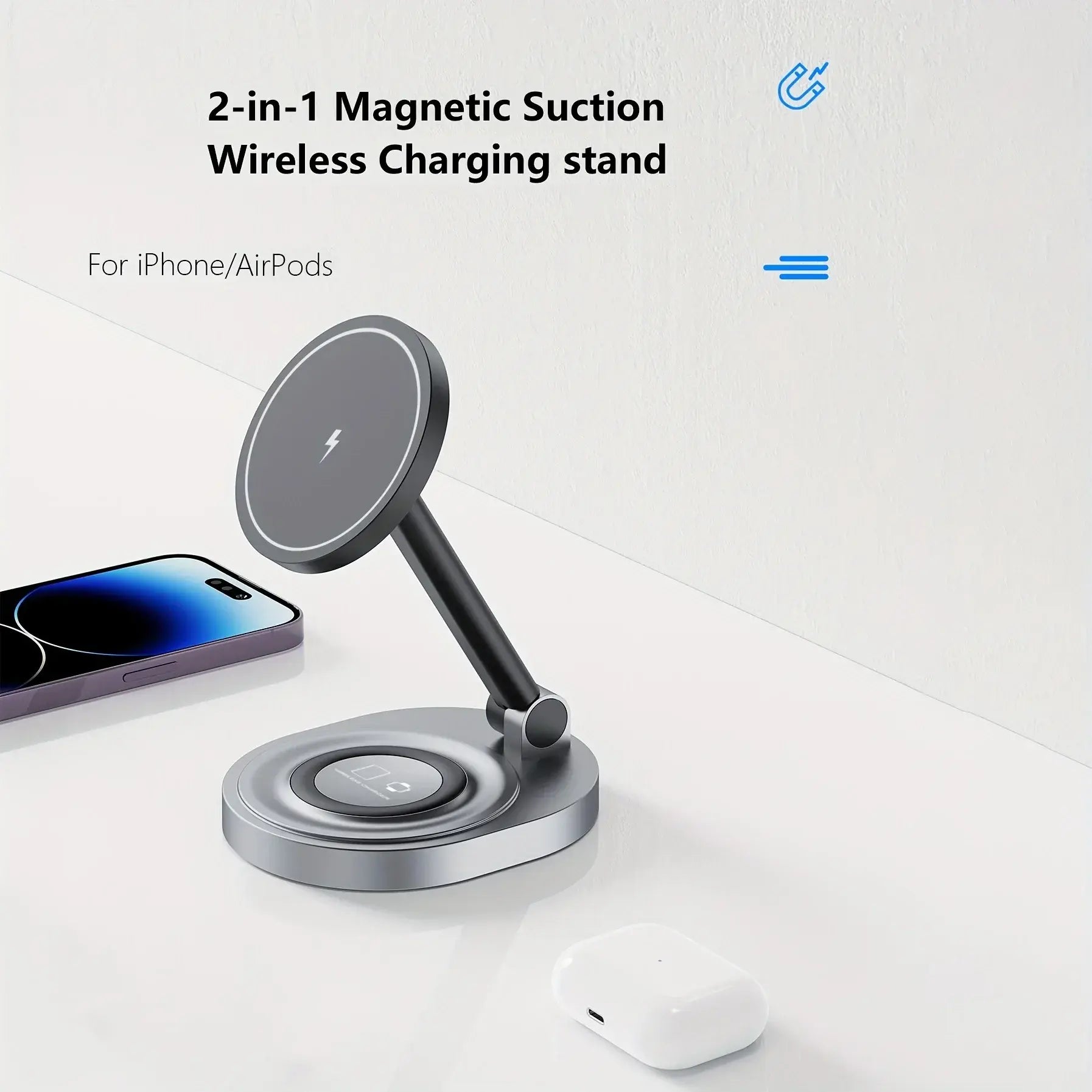 2-in-1 magnetic wireless charger stand with phone and earbuds, gray base