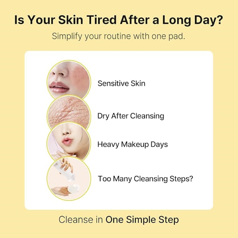 Cleansing oil pad routine infographic with one-pad steps and skin benefits