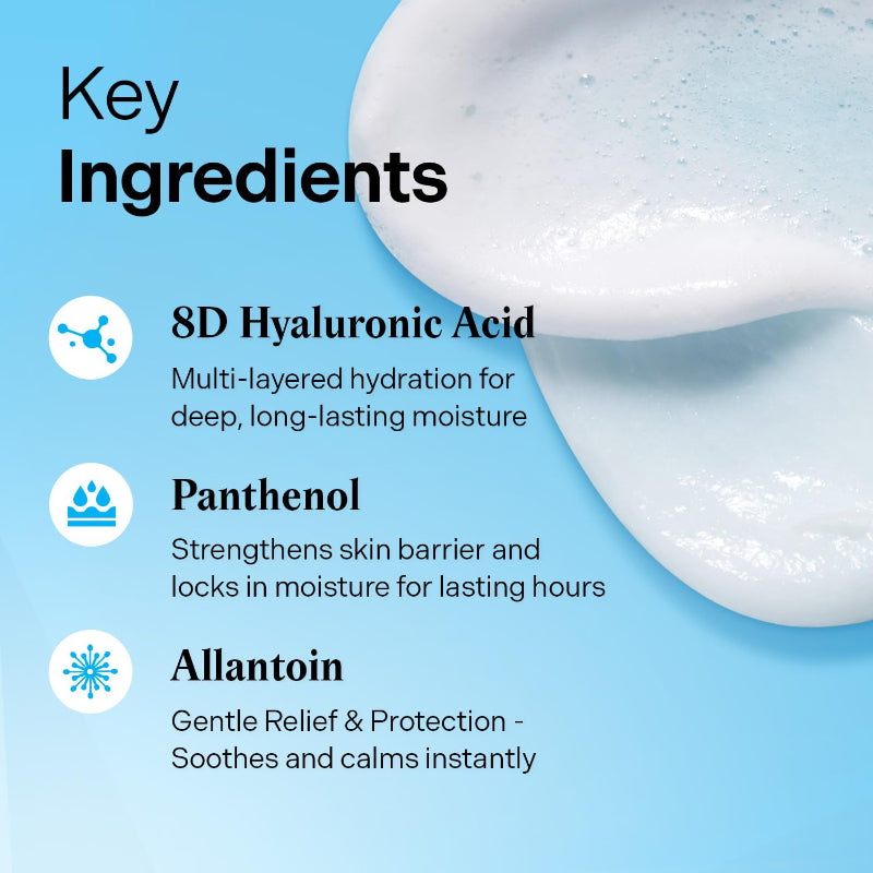Key ingredients graphic next to cleansing foam, featuring hyaluronic acid and soothing agents