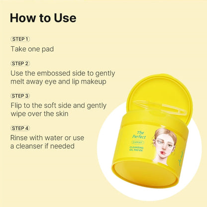 How-to use graphic for cleansing oil pads with jar illustration and steps