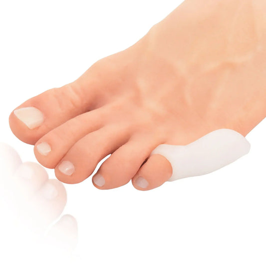 Silicone bunionette toe sleeve on little toe, light gray-white