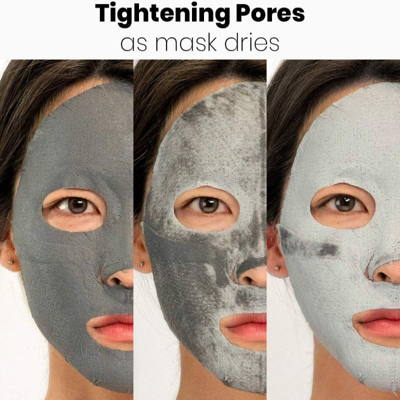 Black clay mask drying on face, shown in dark-to-light stages