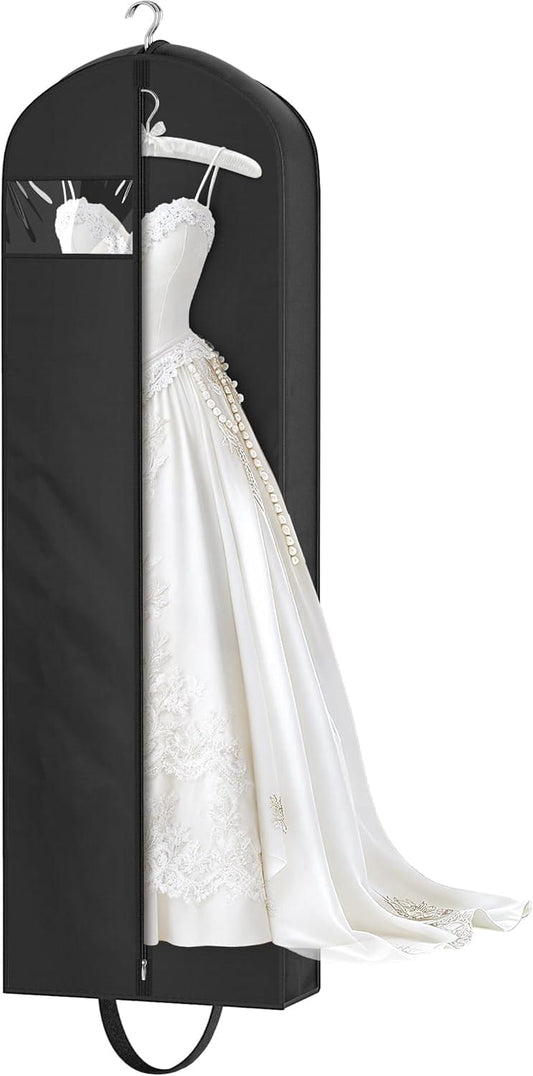 Black garment bag with hanging hook and clear window, holding a white lace wedding dress