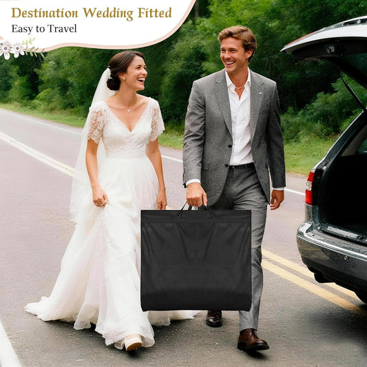 Black garment bag with handles, carrying a wedding dress cover with hanging hook