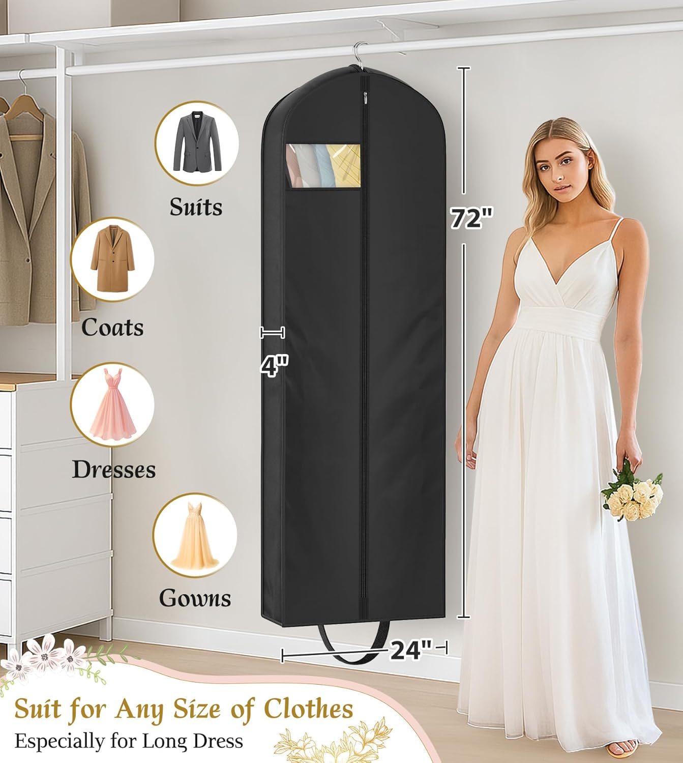 72" Wedding Dress Garment Bag for Travel with 4" Gusseted Long Hanging Dress Bags for Gowns for Women Garment Cover Clothes Storage for Closet, Black