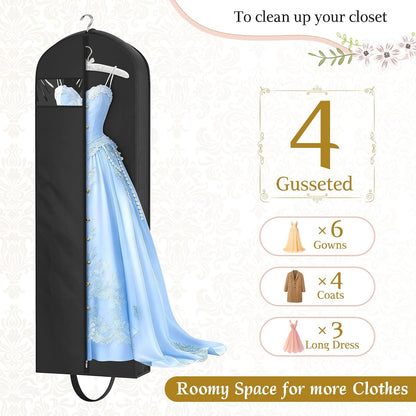 72" Wedding Dress Garment Bag for Travel with 4" Gusseted Long Hanging Dress Bags for Gowns for Women Garment Cover Clothes Storage for Closet, Black