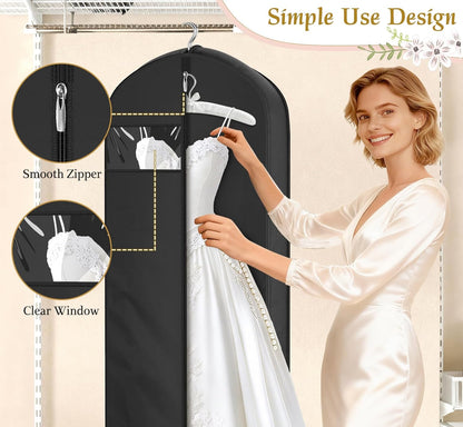 72" Wedding Dress Garment Bag for Travel with 4" Gusseted Long Hanging Dress Bags for Gowns for Women Garment Cover Clothes Storage for Closet, Black