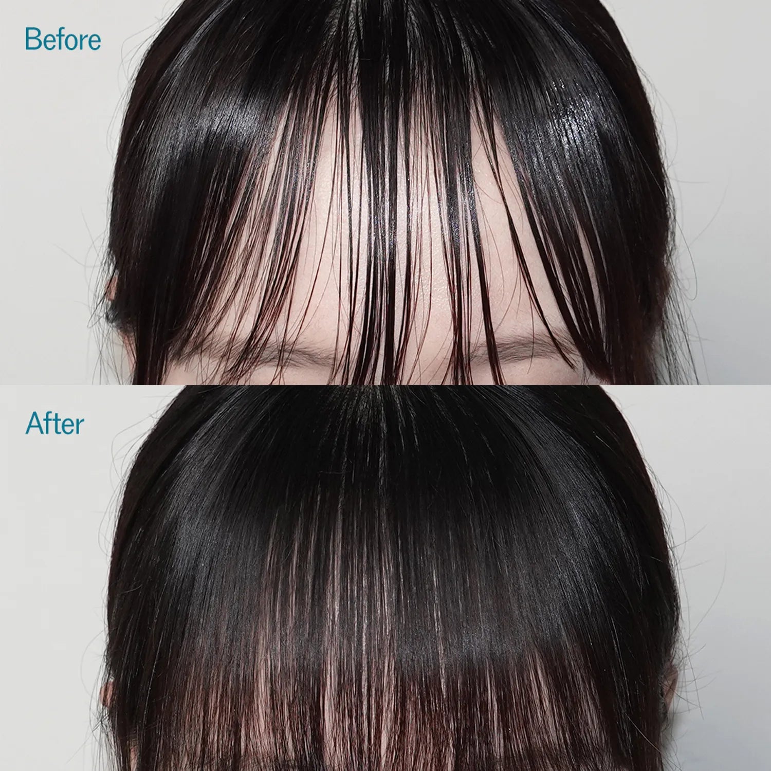 Before and after sleek black hair with reduced flyaways over blunt bangs