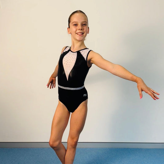 Black sleeveless leotard with light speckled front panel and silver trim, front view