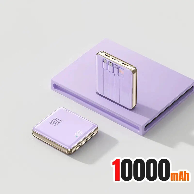Purple mini power bank with 4 built-in cables, 10000mAh, slim metal case