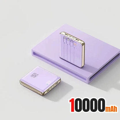 Purple mini power bank with 4 built-in cables, 10000mAh, slim metal case
