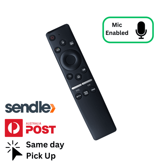 Black TV remote control with mic enabled button and navigation keypad