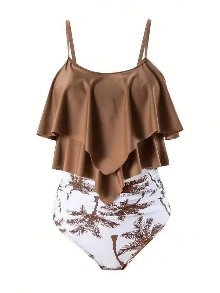 Brown ruffle cami tankini top with white palm print high-waist bikini bottoms