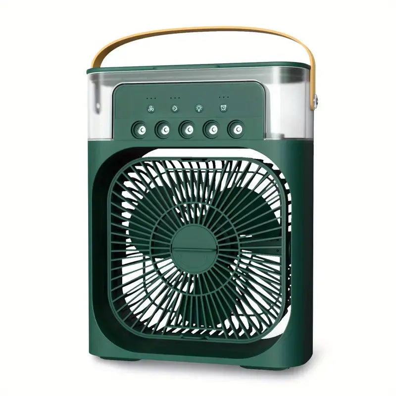 Green portable humidifier fan air cooler with front fan grille and control panel