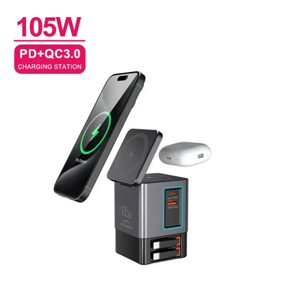 Black charging station with magnetic wireless stand and LED-lit USB port