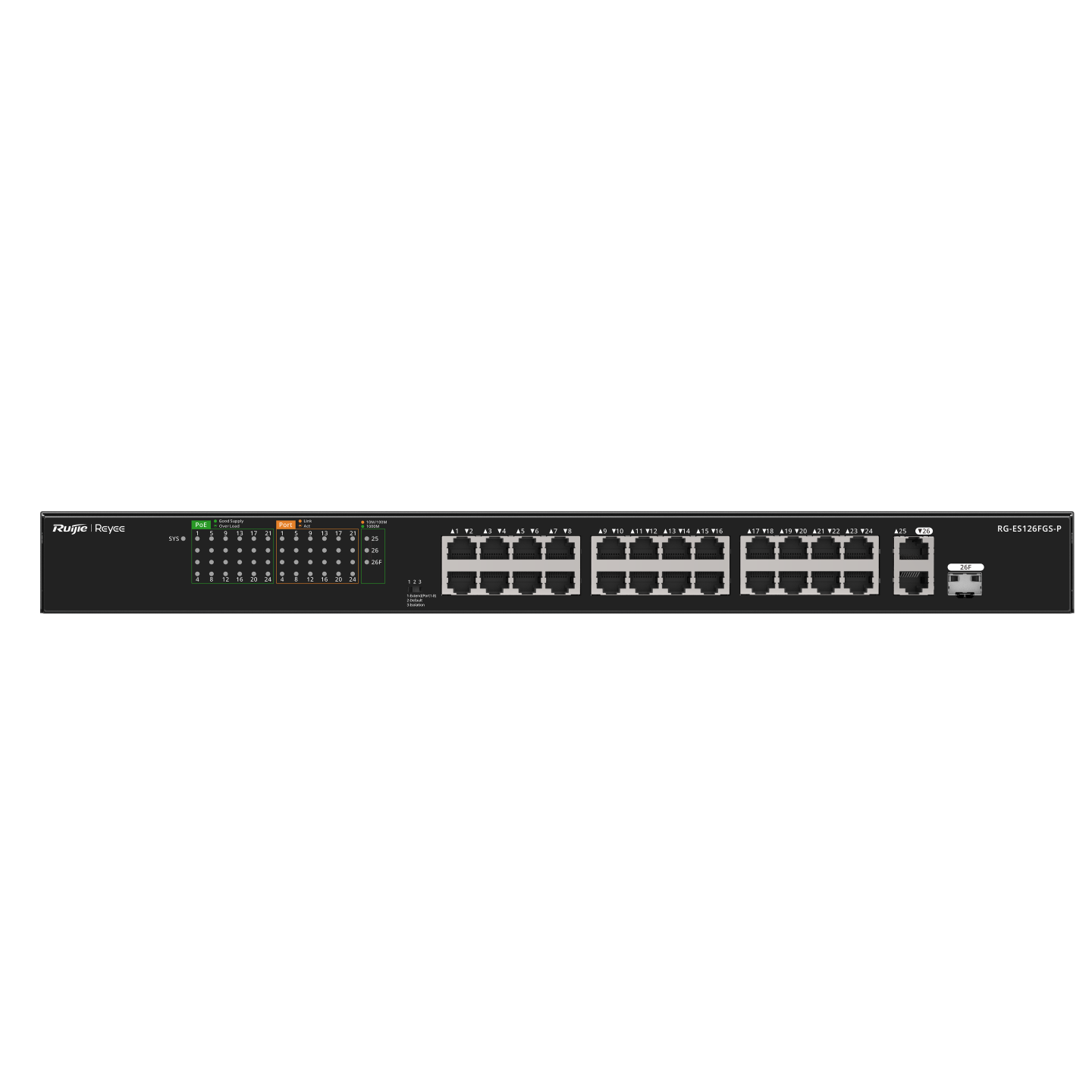 Ruijie Reyee RG-ES126FGS-P 26-Port Unmanaged PoE Switch | 24 PoE+ Ports | 2 Gigabit Uplink Ports | 1 SFP Combo Port | 370W PoE Budget