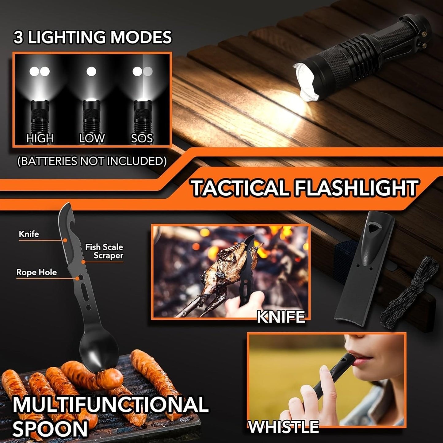 Tactical flashlight with folding knife, multifunction spoon, and whistle