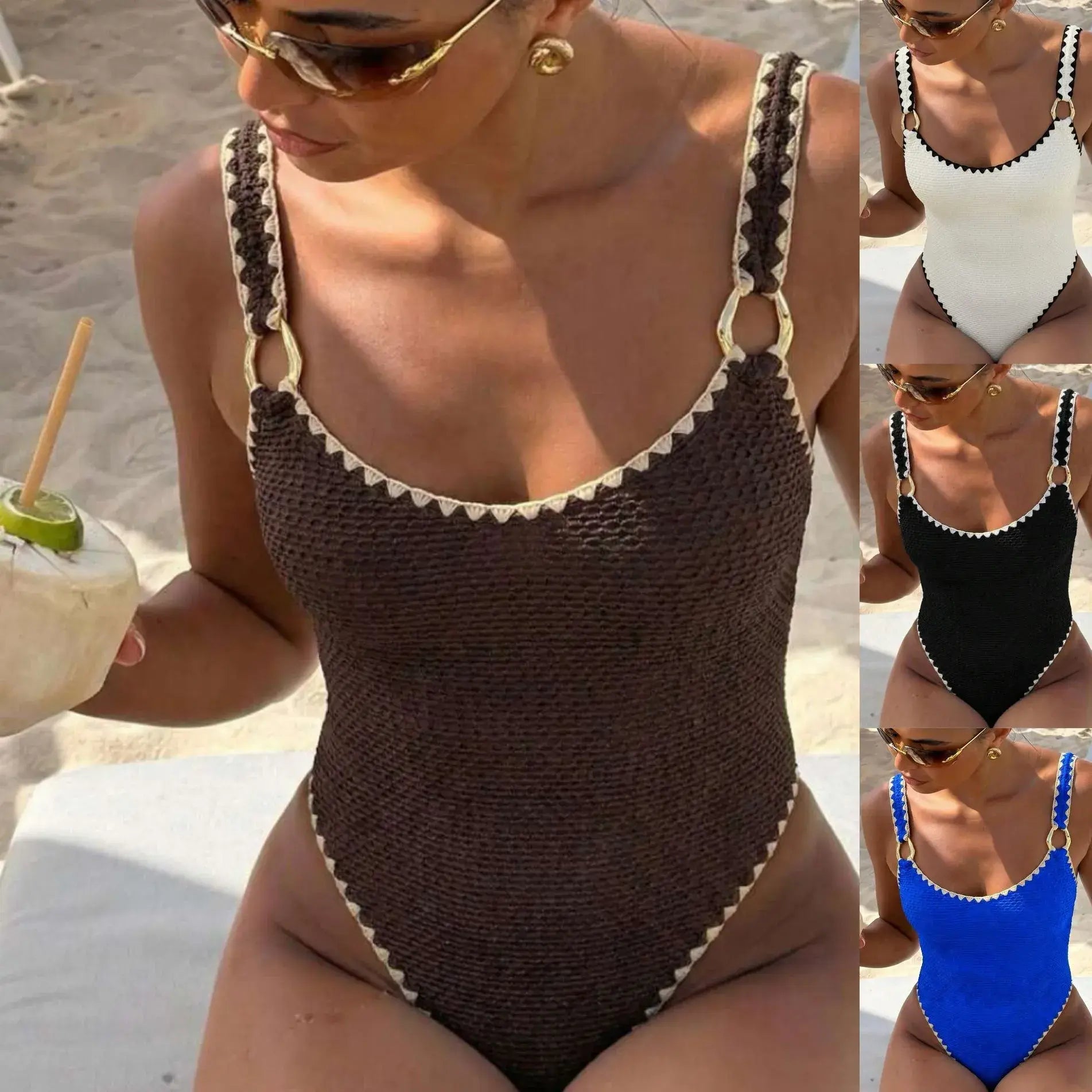 Brown one-piece swimsuit, sleeveless V-neck with high cut; inset shows other colors