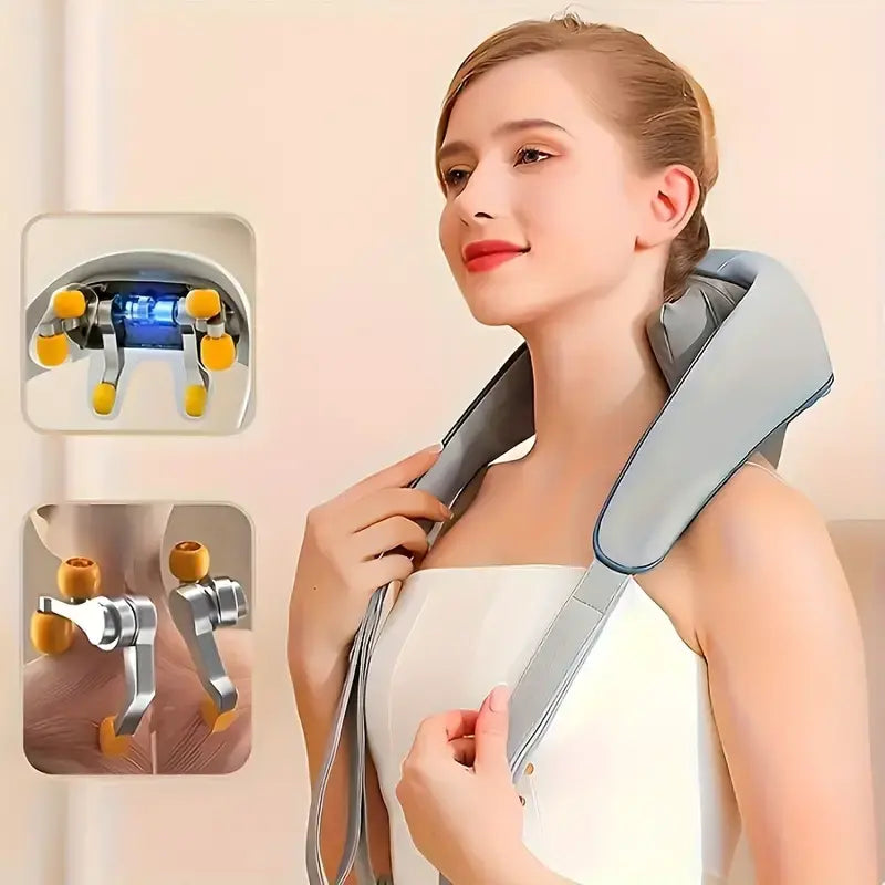 Grey neck massage collar with dual side straps and control panel
