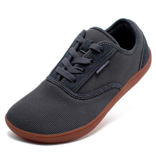 Minimalist barefoot shoes, dark gray mesh upper, lace-up, wide toe box, brown outsole