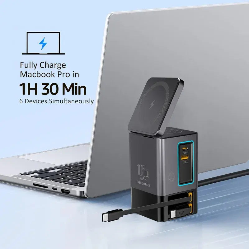 Black 105W dual retractable cable desktop charger with dual USB ports and LED display