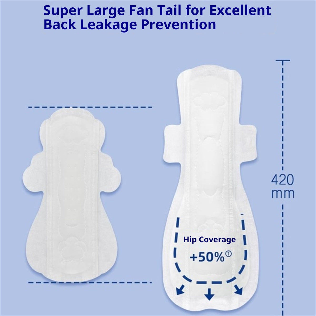 White extra-wide back tail sanitary pad, 420 mm diagram with hip coverage