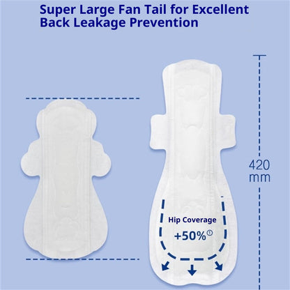 White extra-wide back tail sanitary pad, 420 mm diagram with hip coverage