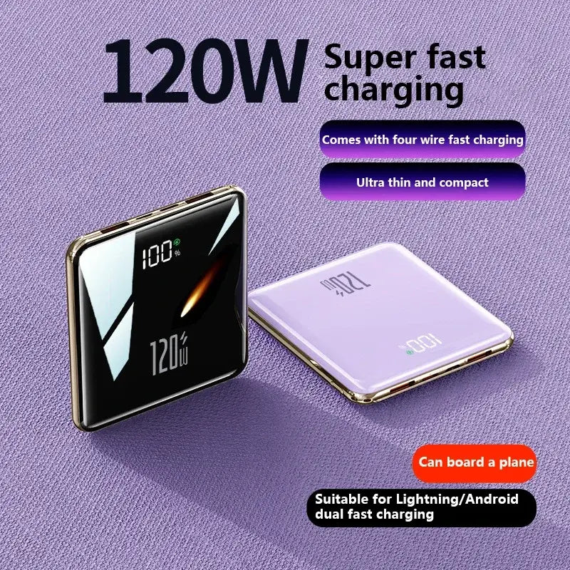 Purple mini power bank with digital display, 120W fast charging support