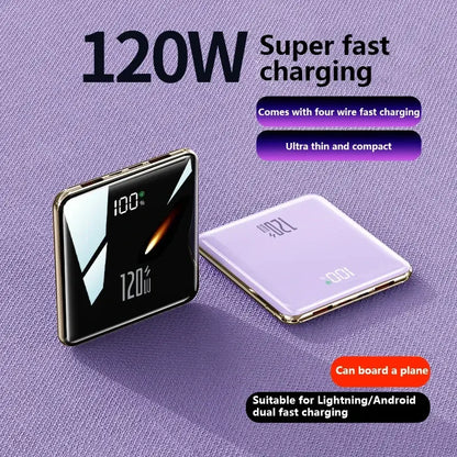 Purple mini power bank with digital display, 120W fast charging support