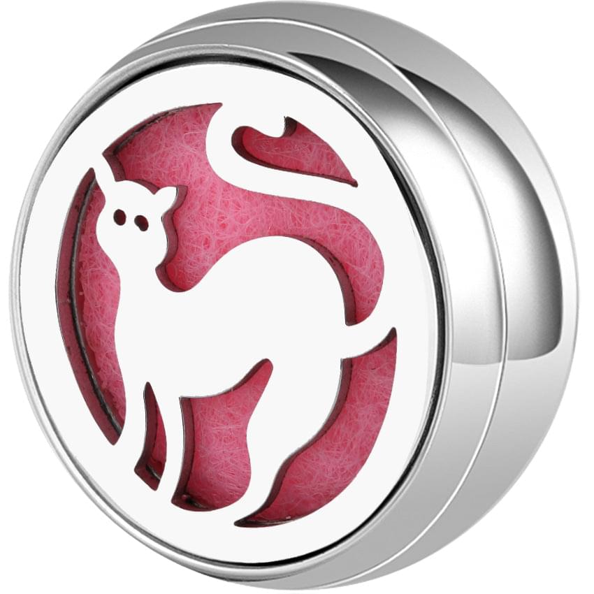 Wearable diffuser locket with pink felt and white cat design, silver ringed casing