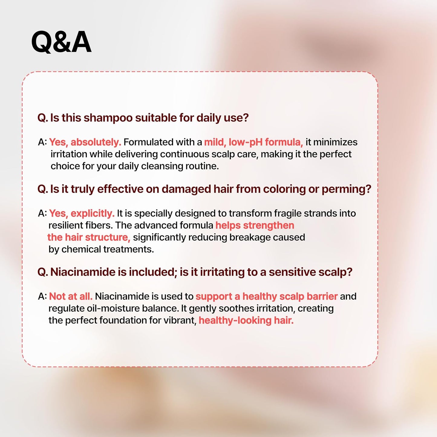 Shampoo Q&A panel with questions about daily use, niacinamide, and irritation