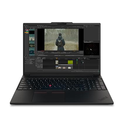 Black Lenovo ThinkPad P16s laptop with keyboard and display open, front view
