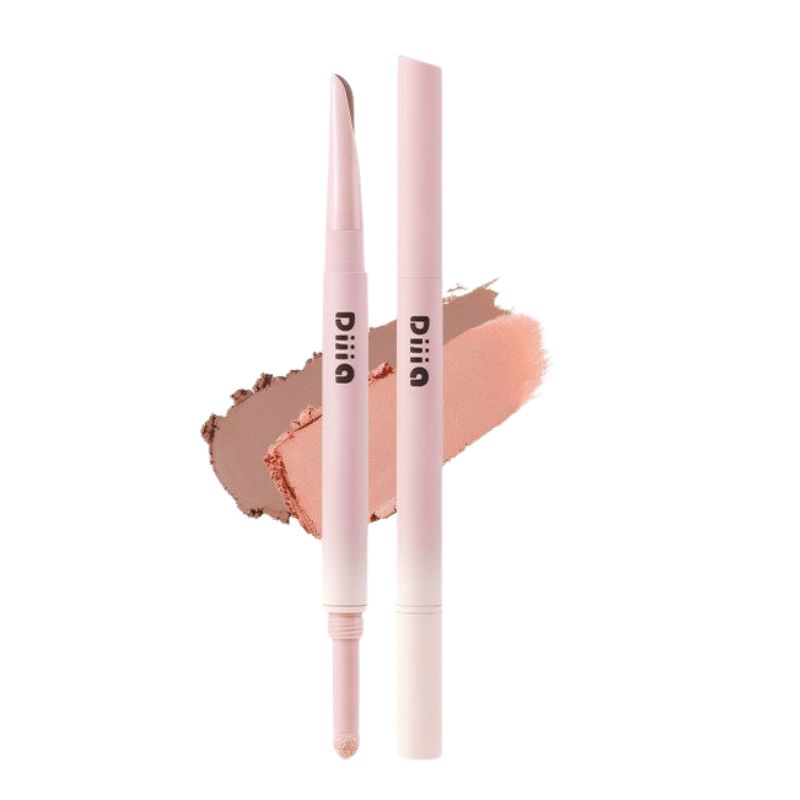 Dual-ended aegyo-sal pencil with pink barrels, nude and peach tips, and swatches