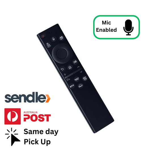 Black TV remote control with button pad and mic-enabled feature