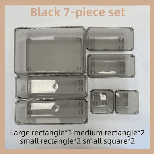 7-piece transparent organizer set with black frames, stacked rectangle and square tray compartments