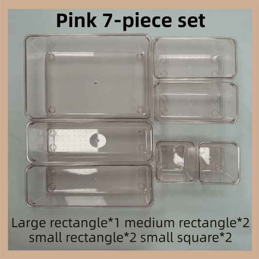 Pink transparent desk drawer organizers set, 7-piece with stackable rectangular compartments
